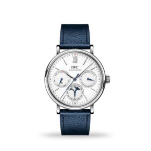 IWC Portofino Perpetual Calendar 40mm IW344601 watch with leather strap and moon phase display