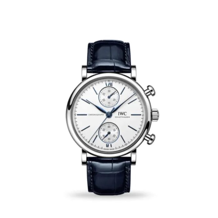 IWC Portofino Chronograph 39mm IW391407 men’s watch with silver dial and black leather strap