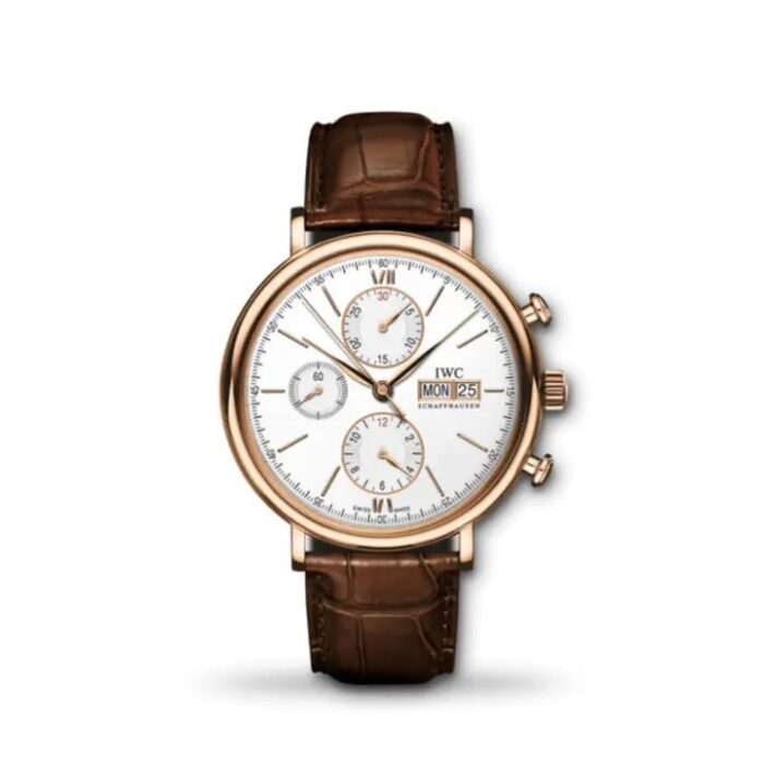 IWC Portofino Chronograph 42mm IW391025 men’s luxury watch with silver dial and black leather strap