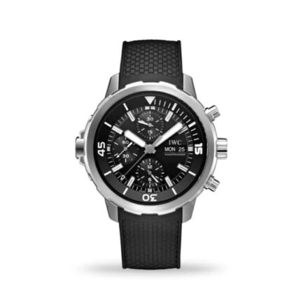 IWC Aquatimer Chronograph 44mm IW376803 dive watch with black dial, yellow details, and rubber strap