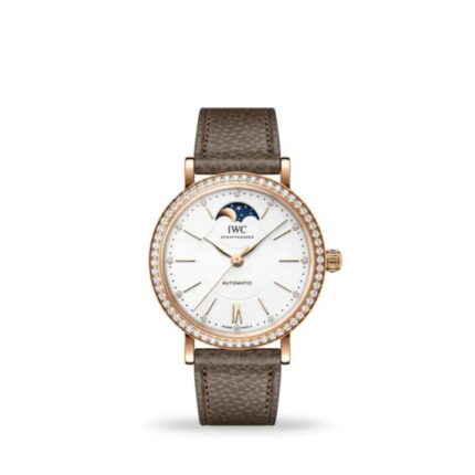 IWC Portofino Automatic Moon Phase 37mm IW659602 women’s luxury watch with gold case, silver dial, and moon phase display
