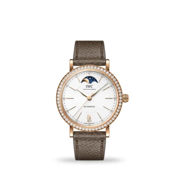 IWC Portofino Automatic Moon Phase 37mm IW659602 women’s luxury watch with gold case, silver dial, and moon phase display