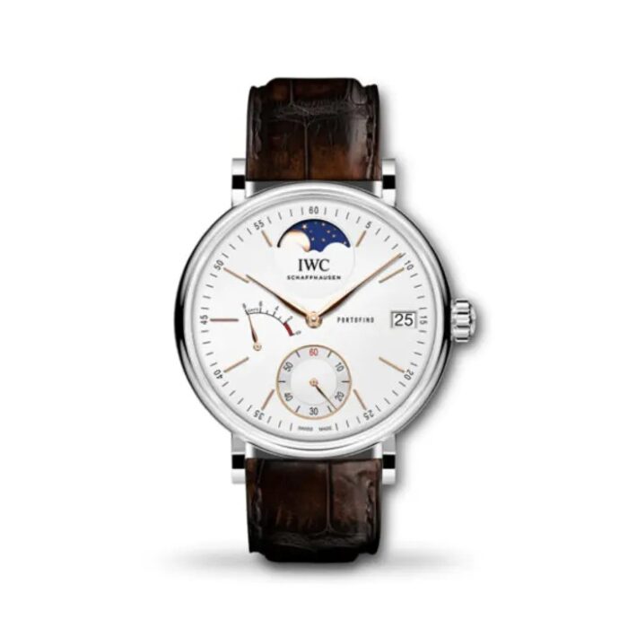 IWC Portofino Hand-Wound Moon Phase 45mm IW516401 men’s luxury watch with silver dial, gold case, and moon phase complication