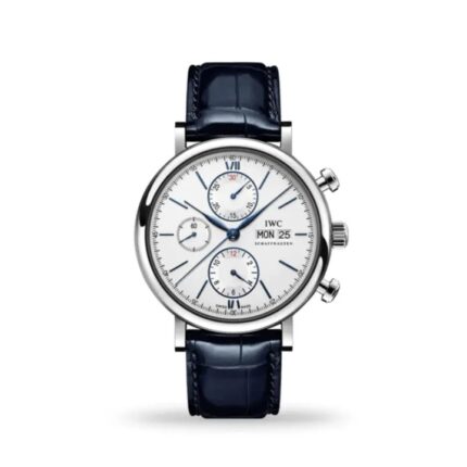 IWC Portofino Chronograph 42mm IW391037 luxury men’s watch with silver dial, stainless steel case, and black leather strap