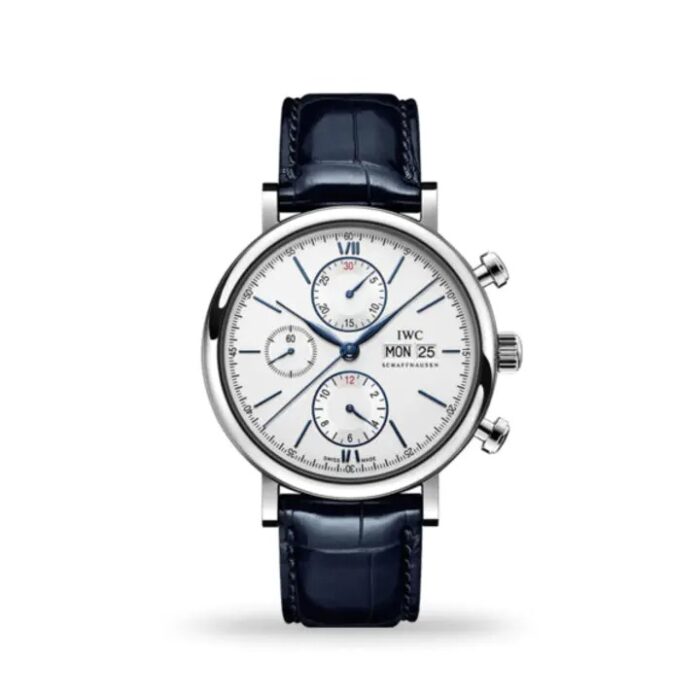 IWC Portofino Chronograph 42mm IW391037 luxury men’s watch with silver dial, stainless steel case, and black leather strap