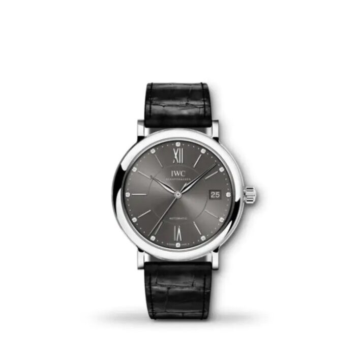 IWC Portofino Automatic 37mm IW458102 women’s luxury watch with diamond bezel, silver dial, and steel case