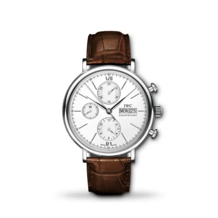IWC Portofino Chronograph 42mm IW391027 men’s luxury watch with blue dial, steel case, and black leather strap