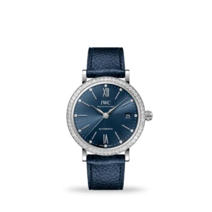IWC Portofino Automatic 37mm IW658602 women’s luxury watch with 18k gold case, silver dial, and beige leather strap
