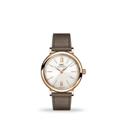 IWC Portofino Automatic 34mm IW357414 women’s luxury watch with silver dial, gold case, and brown leather strap