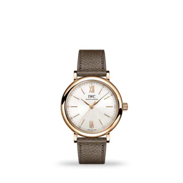 IWC Portofino Automatic 34mm IW357414 women’s luxury watch with silver dial, gold case, and brown leather strap
