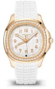 Patek Philippe Aquanaut Luce Travel Time 38.8mm rose gold watch with white embossed dial and rubber strap