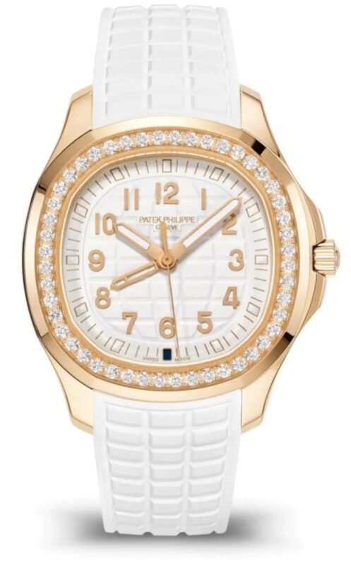 Patek Philippe Aquanaut Luce Travel Time 38.8mm rose gold watch with white embossed dial and rubber strap