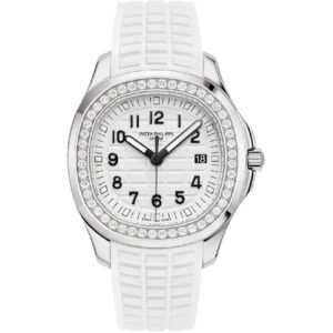 Patek Philippe Aquanaut Luce 38.8mm rose gold watch with white dial and tropical strap