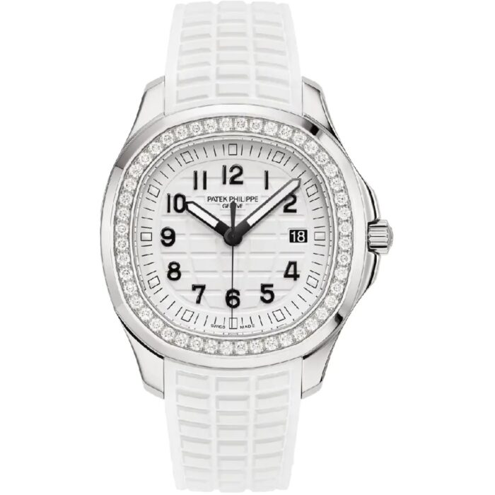 Patek Philippe Aquanaut Luce 38.8mm rose gold watch with white dial and tropical strap