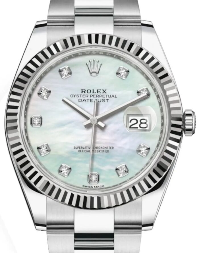 Rolex Datejust 41 Ref 126334 White MOP Diamond Dial Stainless Steel Oyster Bracelet Men’s Watch