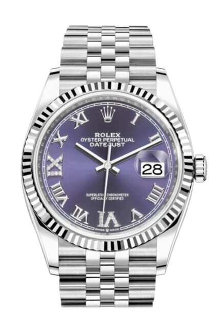Rolex Datejust 36 Ref 126234 with Purple Roman Diamond Dial and White Gold Fluted Bezel on Jubilee Bracelet