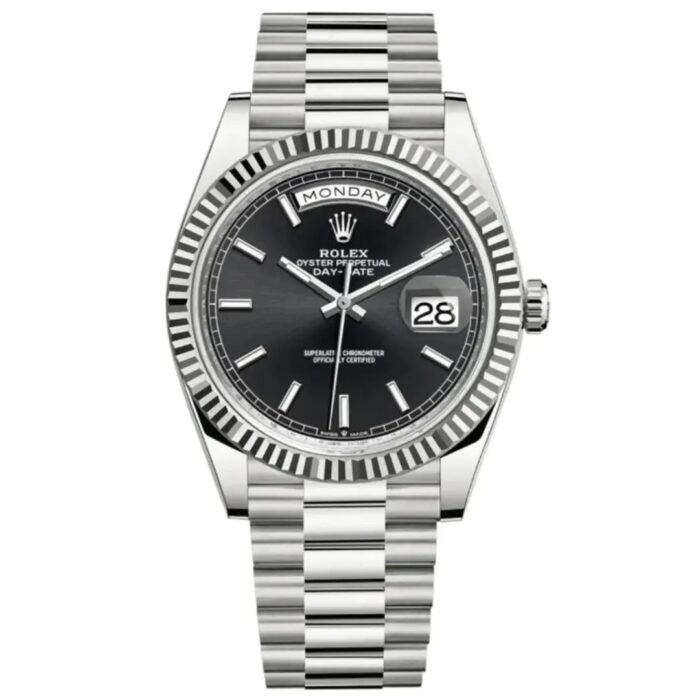 Rolex Day Date 36 Black Stick Dial White Gold President Bracelet Watch