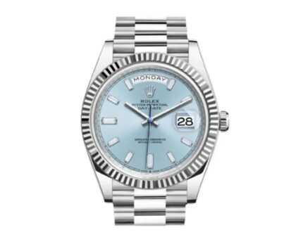 Rolex Day-Date 40 Ice Blue Dial Platinum President watch with fluted bezel and platinum President bracelet