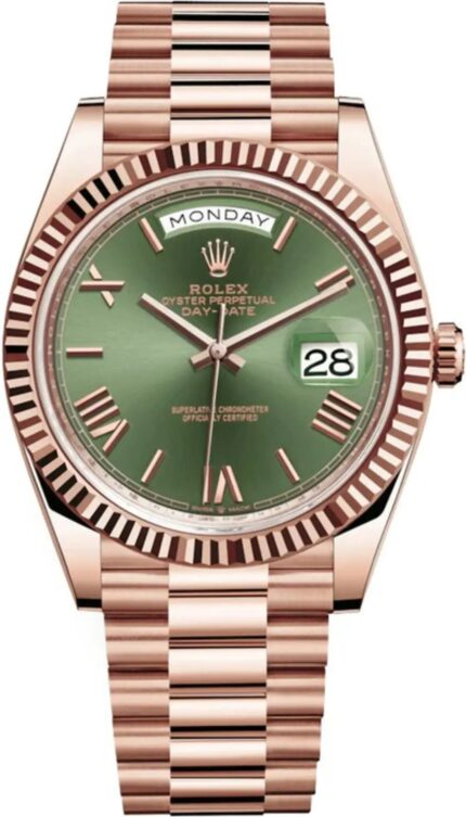 Rolex Day-Date 40 Olive Green Roman Dial Rose Gold President watch on wrist