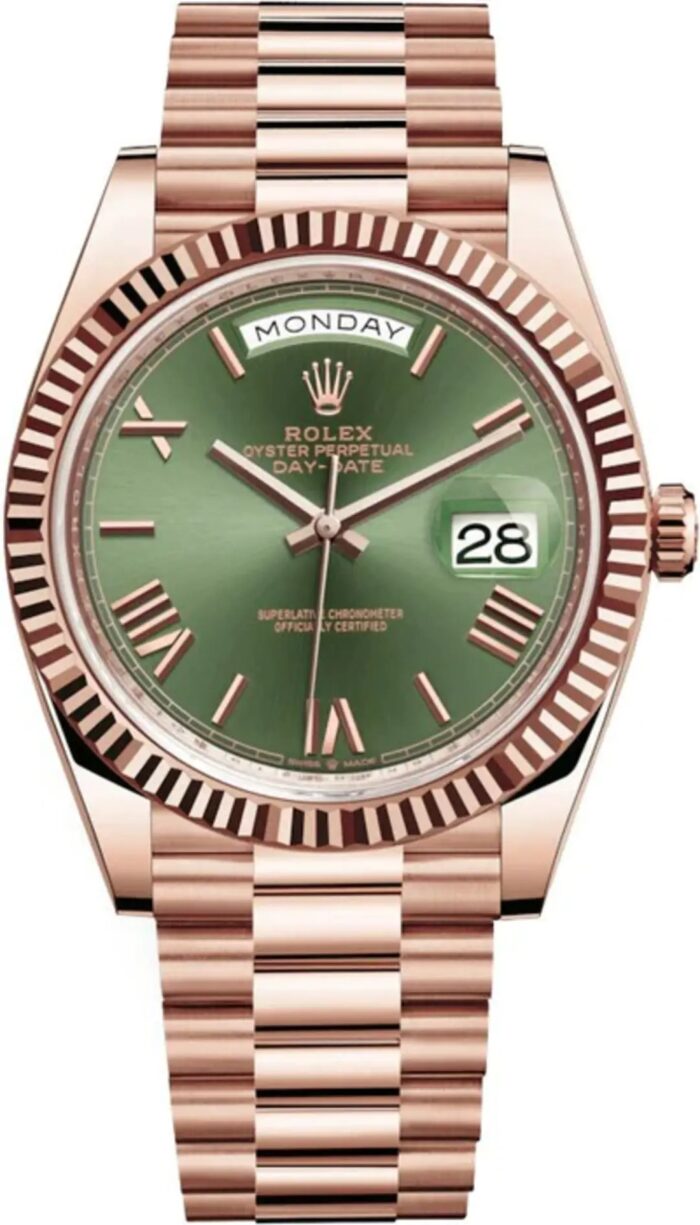 Rolex Day-Date 40 Olive Green Roman Dial Rose Gold President watch on wrist