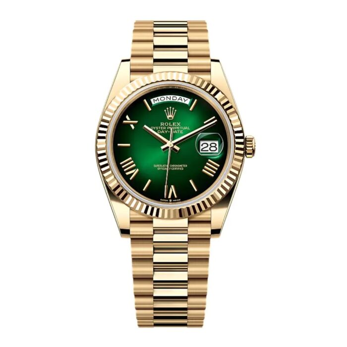Rolex Day-Date 40 Green Ombre Dial Yellow Gold President Watch Ref 228238-0069