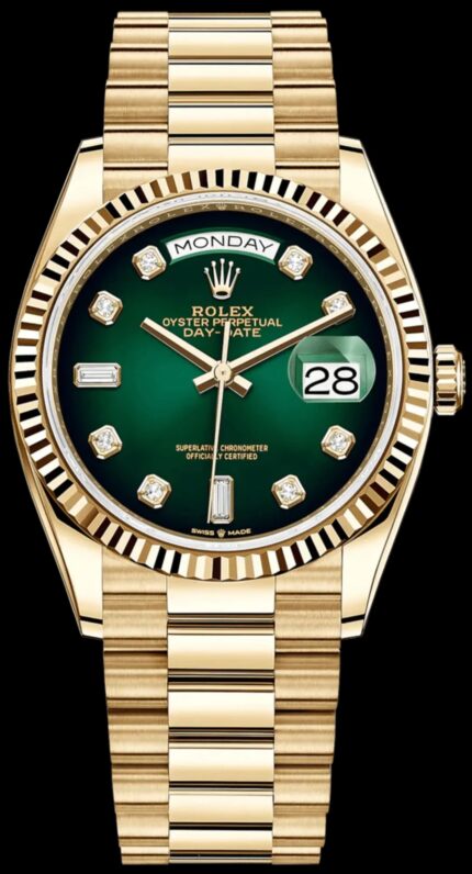 Rolex Day-Date 36mm watch with green ombre diamond dial and yellow gold President bracelet