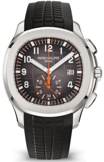 Patek Philippe Aquanaut 5968A-001 black dial chronograph watch with orange rubber strap