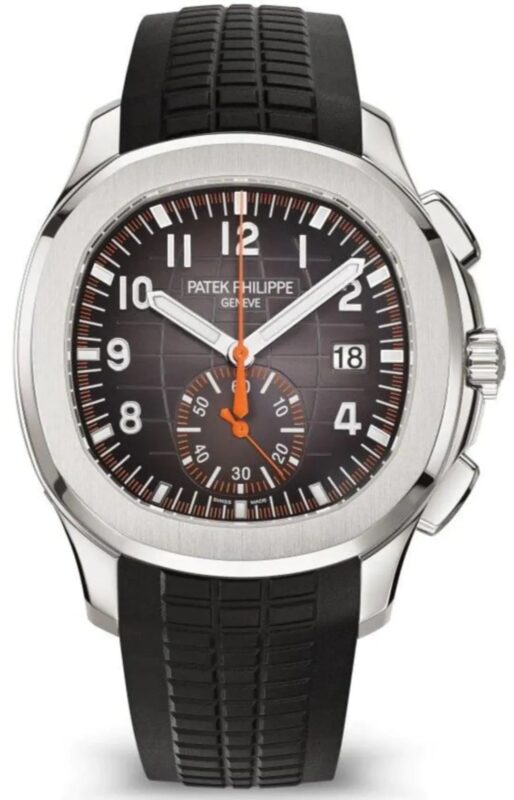 Patek Philippe Aquanaut 5968A-001 black dial chronograph watch with orange rubber strap