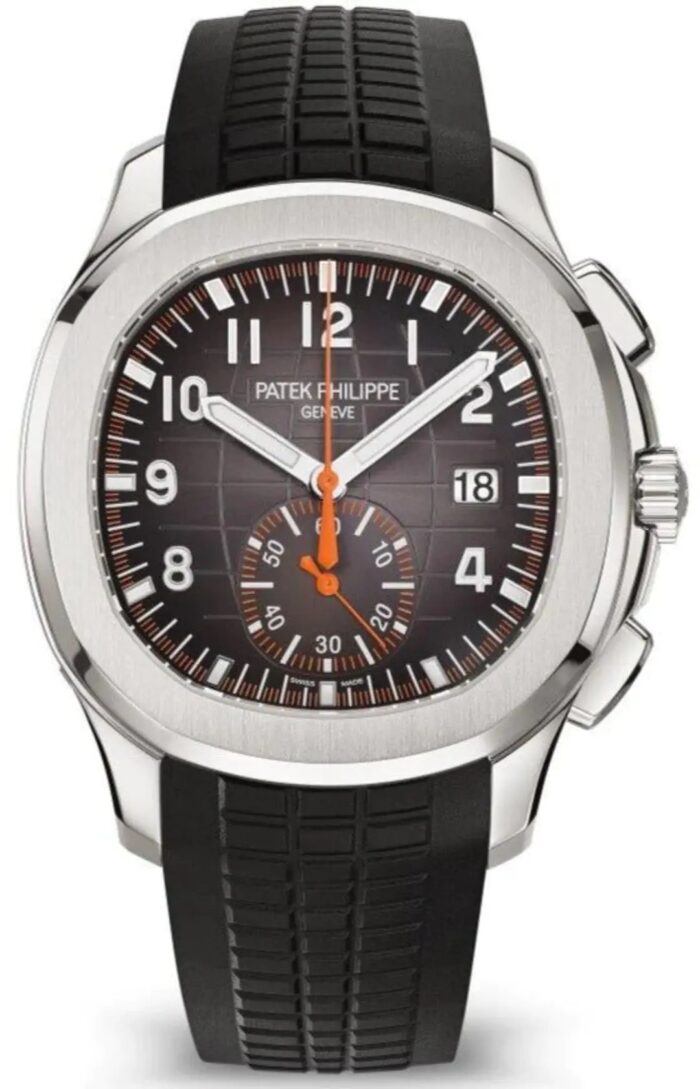 Patek Philippe Aquanaut 5968A-001 black dial chronograph watch with orange rubber strap