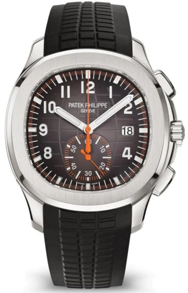 Patek Philippe Aquanaut 5968A-001 black dial chronograph watch with orange rubber strap