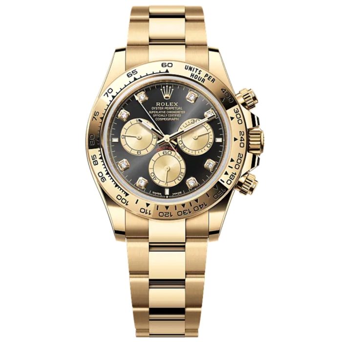 Rolex Cosmograph Daytona M126508-0003 yellow gold chronograph with bright black dial and gold subdials