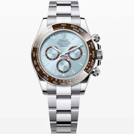 Rolex Cosmograph Daytona platinum with ice-blue dial and brown ceramic bezel on platinum Oyster bracelet