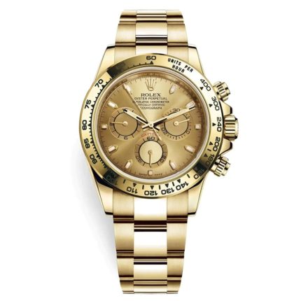 Rolex Daytona 116508 yellow gold watch with champagne dial and index markers on Oyster bracelet