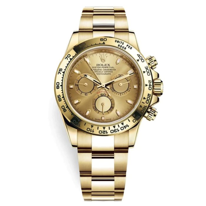 Rolex Daytona 116508 yellow gold watch with champagne dial and index markers on Oyster bracelet