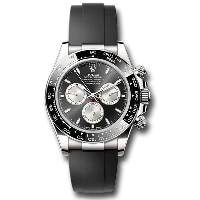 Rolex Daytona 126519LN white gold watch with grey sunburst dial and black ceramic bezel on Oysterflex strap