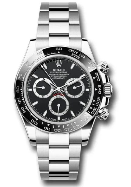 Rolex Daytona 126500LN stainless steel chronograph with black ceramic bezel and white dial