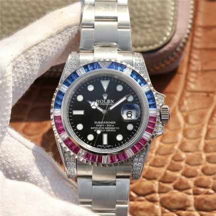 Rolex Submariner Silver Blue Red Diamond 40mm Luxury Men’s Dive Watch