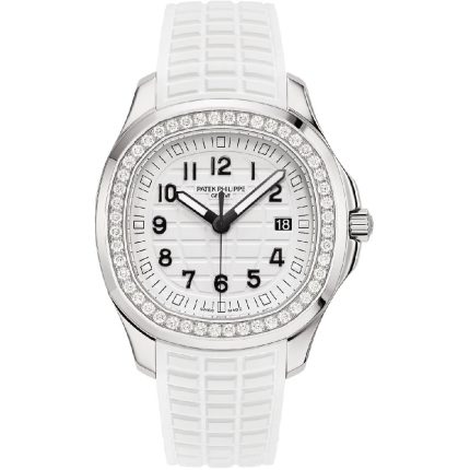 Patek Philippe Aquanaut Luce 38.8mm rose gold ladies watch with diamond bezel and white strap