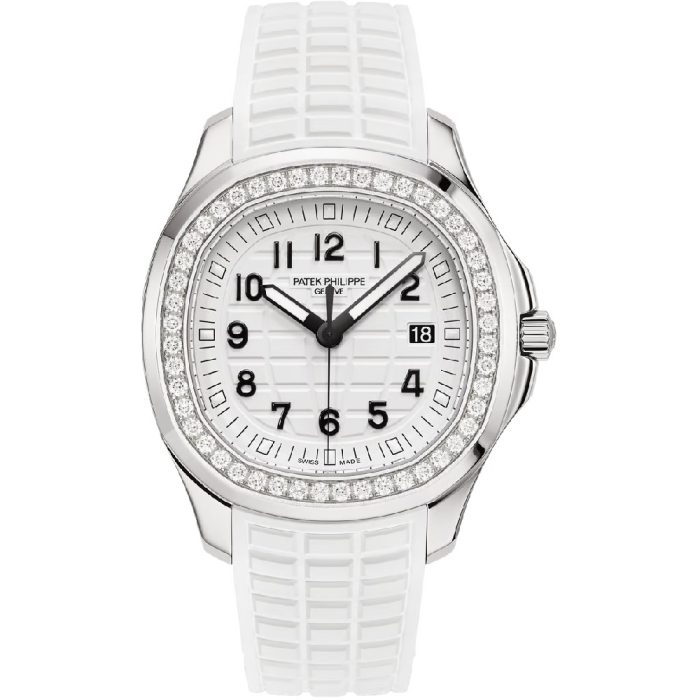 Patek Philippe Aquanaut Luce 38.8mm rose gold ladies watch with diamond bezel and white strap