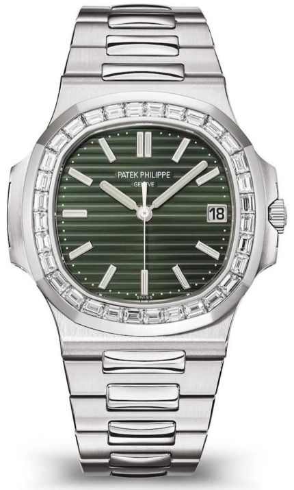 Patek Philippe Nautilus stainless steel watch with green dial and diamond bezel